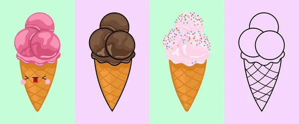 Set Clipart Ice Cream Multicolored Black White Kawaii Clip Art — 图库矢量图片