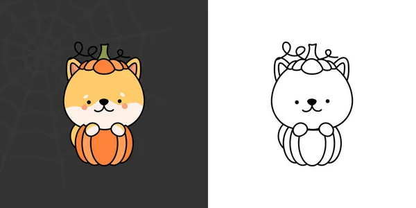 Cute Halloween Shiba Inu Clipart Illustration Black White Funny Clip — Stock vektor