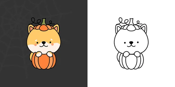 Cute Halloween Shiba Inu Clipart Illustration Black White Funny Clip — Vetor de Stock