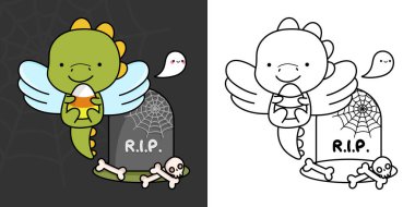 Cute Halloween Dinosaur Clipart Illustration and Black and White. Funny Clip Art Halloween T Rex. Cute Vector Illustration of a Kawaii Dino for Halloween Stickers.