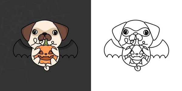 Cute Halloween Pug Dog Clipart Illustration Black White Funny Clip — Stockový vektor
