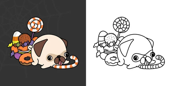 Set Clipart Halloween Pug Dog Multicolored Black White Kawaii Clip — Stockový vektor