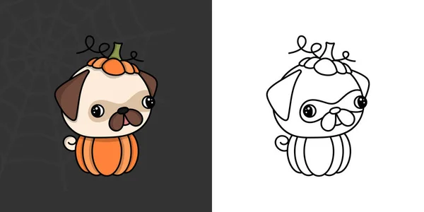 Kawaii Clipart Halloween Pug Dog Illustration Coloring Page Funny Kawaii — ストックベクタ