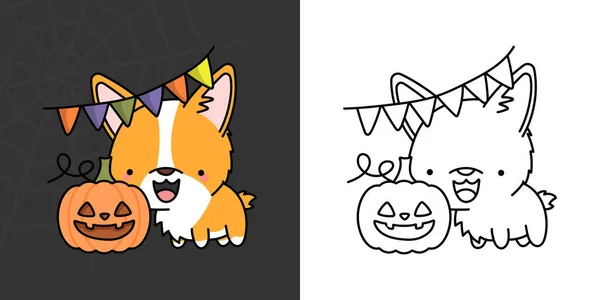 Set Clipart Halloween Corgi Dog Coloring Page Colored Illustration Clip — Stockvector