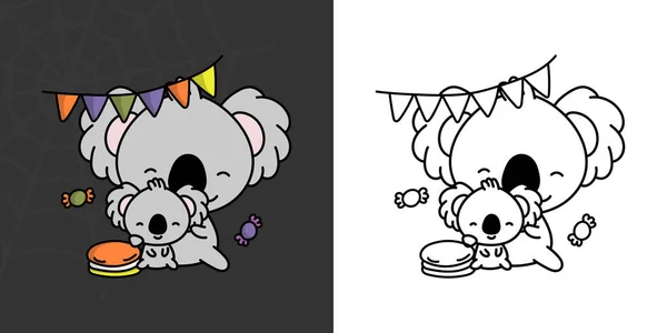 Set Clipart Halloween Koala Multicolored Black White Kawaii Clip Art — Stockvector