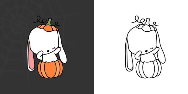 Set Clipart Halloween Rabbit Multicolored Black White Kawaii Clip Art — Stock vektor
