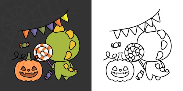 Cute Halloween Dinosaur Clipart Coloring Page Illustration Happy Clip Art — Stockový vektor
