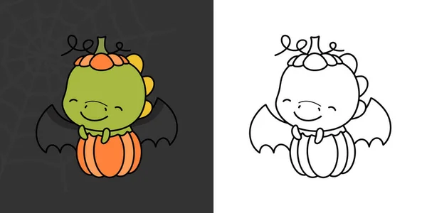 Set Clipart Halloween Dinosaur Coloring Page Colored Illustration Clip Art — Stockvector