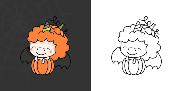 Set Clipart Halloween Unicorn Coloring Page Illustration Clip Art Kawaii — Stock vektor