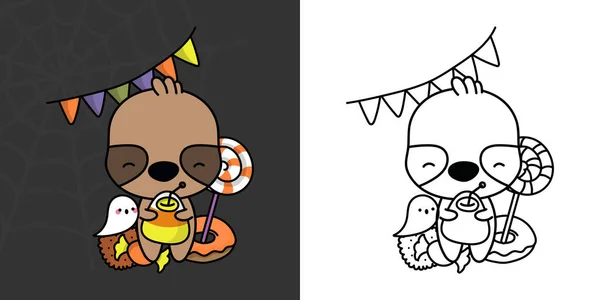 Cute Halloween Sloth Clipart Coloring Page Illustration Happy Clip Art — Stockvector
