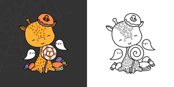 Cute Halloween Giraffe Clipart Coloring Page Illustration Happy Clip Art — 스톡 벡터