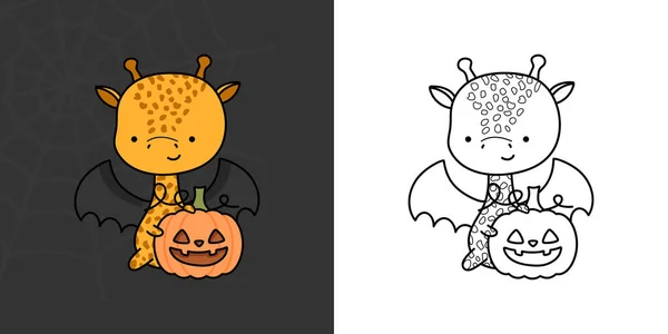 Cute Halloween Giraffe Clipart Illustration Black White Funny Clip Art — Vettoriale Stock