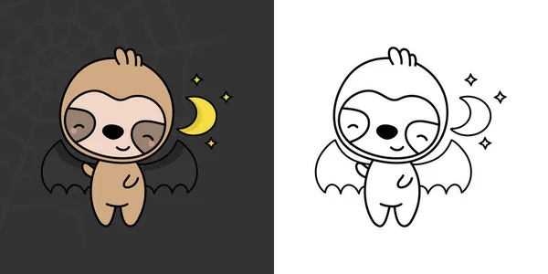 Set Clipart Halloween Sloth Coloring Page Colored Illustration Clip Art — 스톡 벡터