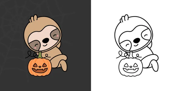 Kawaii Clipart Halloween Sloth Coloring Page Забавное Хеллоуинское Животное Кавайи — стоковый вектор