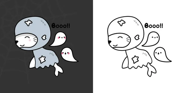 Cute Clipart Halloween Seal Illustration Coloring Page Cartoon Clip Art — ストックベクタ
