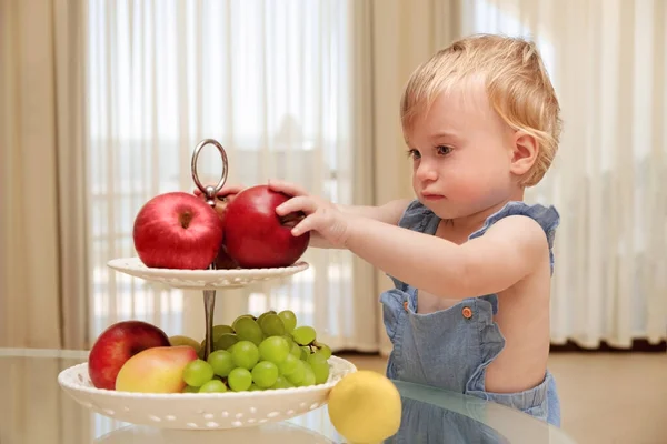 아기는 과일이 접시를 사과를 만진다 아기가 과일을 먹는다는 각을위한 건강하고 — 스톡 사진