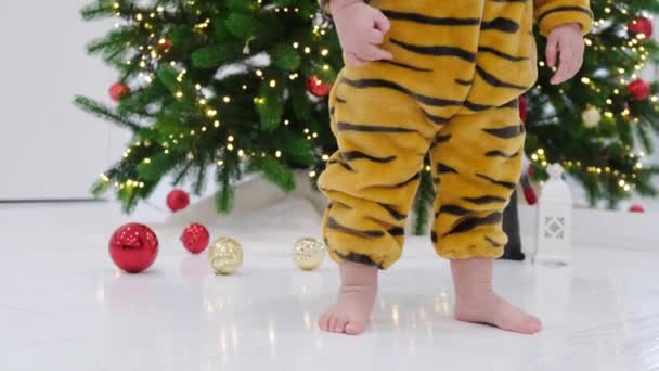 Bébé Costume Tigre Symbole Année 2022 Debout Déplaçant Devant Arbre — Video