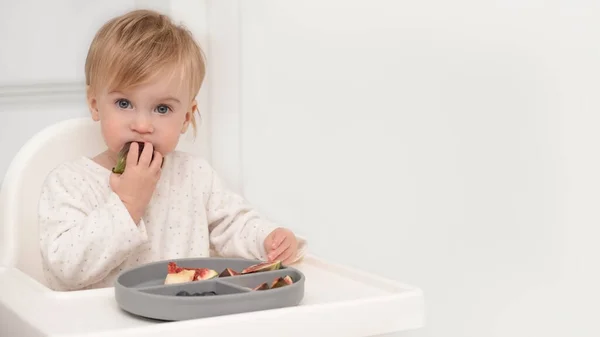 Niño Rubio Caucásico Años Coma Plato Silicona Fruta Fresca Bayas — Foto de Stock