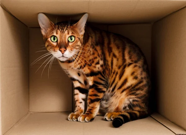 Korkmuş, güzel, oyuncu, çizgili, kızıl bengal kedi, oyun oynuyor, karton kutuda saklanıyor. Evcil hayvan yeni bir daireye taşınıyor ya da evsiz ya da evcil hayvanlardan korkuyor..