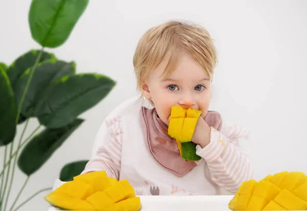 Linda Niña Rubia Caucásica Bebé Niño Niño Come Mango Fresco — Foto de Stock