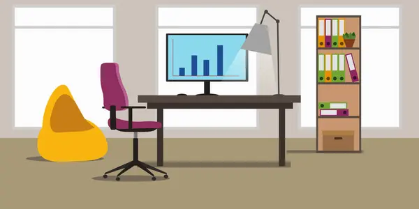  Ofis alanı. Bilgisayarı ve koltuğu olan ofis içi işyeri. Modern ofis vektör illüstrasyonu