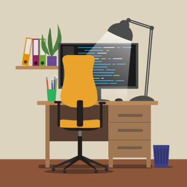  Programcının masaüstü bilgisayarı. Uzaktan kumandalı iş. Masadaki bir monitörün vektör illüstrasyonu