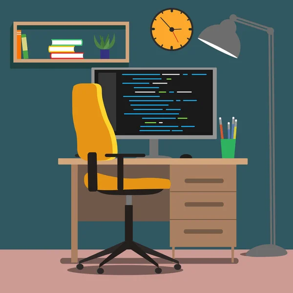   Bilgisayarı ve rahat bir koltuğu olan bir oda. Uzaktan çalışan bir programcının vektör çizimi. Kitaplarla dolu çalışma masası rafı