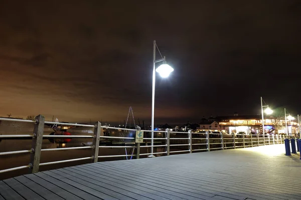 Streetlight Illuminates Walking Path Lake — Foto Stock