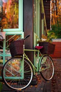 Kırmızı eyeri ve iki tekerleği olan yeşil bir bisiklet. Ön bagajında sepet, arka bagajında sepet olan bir bisiklet. Sonbahar arkaplanı, Eylül, Ekim, Kasım.