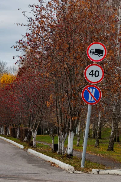 Дорожні Знаки Обмежують Швидкість Руху Рух Вантажівок Заборону Паркування Бордюрі — стокове фото