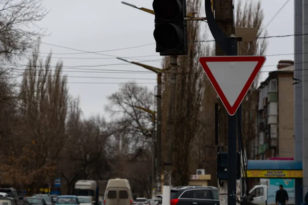 Panneau Routier Obligeant Céder Place Sortie Intersection Panneau Par Route — Photo