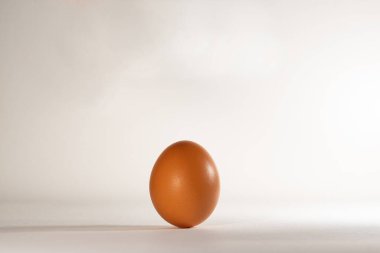Bir tavuk yumurtası dik duruyor. Yumuşak bir zemin üzerinde dokulu bir yüzeyi olan tavuk yumurtası..