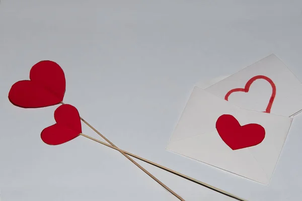 Two Red Hearts Made Cardboard White Envelope Message Painted Heart — 스톡 사진