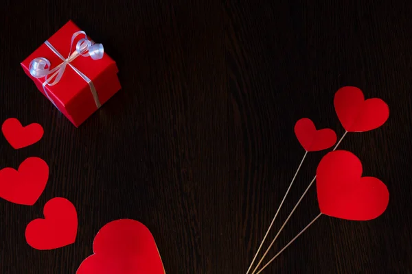 Red Box Tied White Ribbon Red Cardboard Hearts Valentine Day — Fotografia de Stock