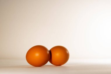 Yan yana duran iki kahverengi tavuk yumurtası. Beyaz arka plan, beyaz taban ve kahverengi tavuk yumurtaları, Paskalya arifesinde..