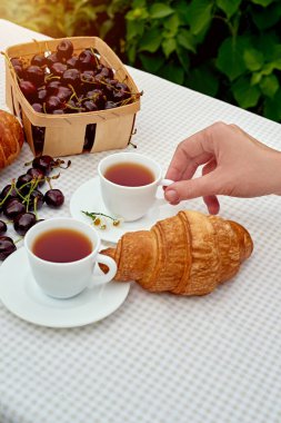 Beyaz arka planda taze kruvasan ve kirazlı siyah çay. Bahar kahvaltısı kavramsal kompozisyonu