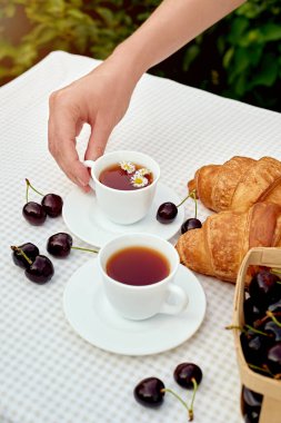 Beyaz arka planda taze kruvasan ve kirazlı siyah çay. Bahar kahvaltısı kavramsal kompozisyonu