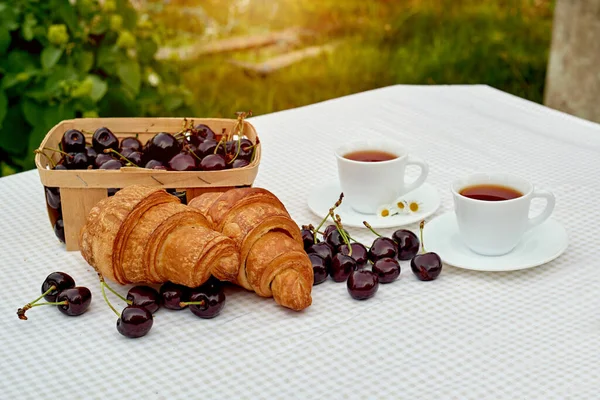 Beyaz arka planda taze kruvasan ve kirazlı siyah çay. Bahar kahvaltısı kavramsal kompozisyonu