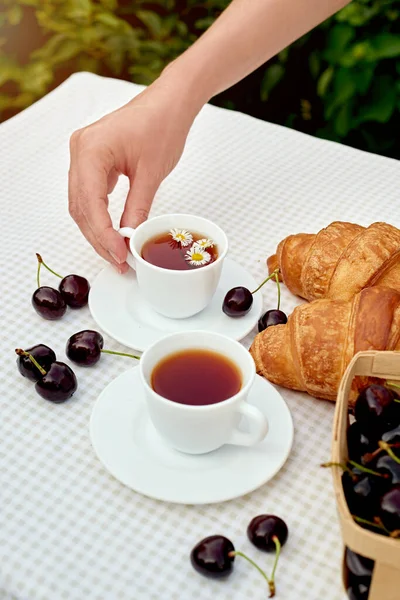 Beyaz arka planda taze kruvasan ve kirazlı siyah çay. Bahar kahvaltısı kavramsal kompozisyonu