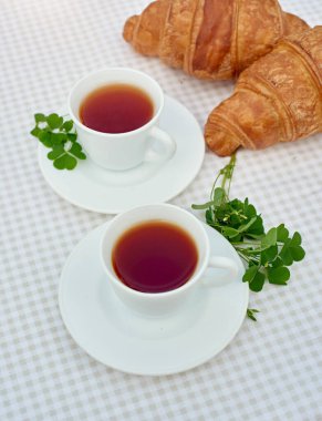 Masada beyaz arka planda papatya çayı ve taze kruvasan olsun. Bahar kahvaltısı kavramsal kompozisyonu