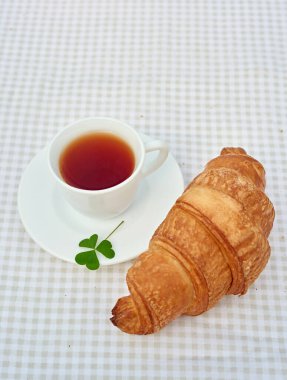 Masada beyaz arka planda papatya çayı ve taze kruvasan olsun. Bahar kahvaltısı kavramsal kompozisyonu