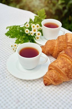 Masada beyaz arka planda papatya çayı ve taze kruvasan olsun. Bahar kahvaltısı kavramsal kompozisyonu