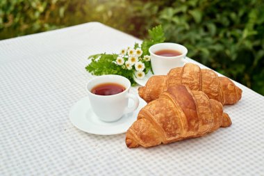 Masada beyaz arka planda papatya çayı ve taze kruvasan olsun. Bahar kahvaltısı kavramsal kompozisyonu