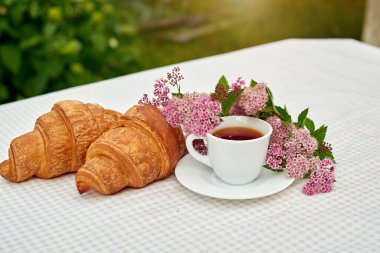 İki fincan siyah çay, çiçekler ve beyaz arka planda taze kruvasanlar. Bahar kahvaltısı kavramsal kompozisyonu