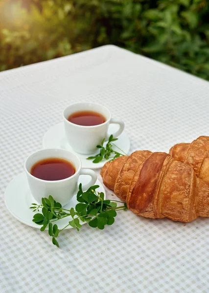 Masada beyaz arka planda papatya çayı ve taze kruvasan olsun. Bahar kahvaltısı kavramsal kompozisyonu