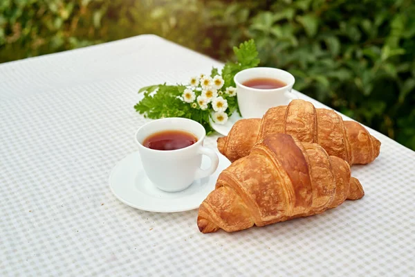 Masada beyaz arka planda papatya çayı ve taze kruvasan olsun. Bahar kahvaltısı kavramsal kompozisyonu