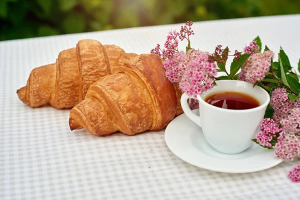 İki fincan siyah çay, çiçekler ve beyaz arka planda taze kruvasanlar. Bahar kahvaltısı kavramsal kompozisyonu