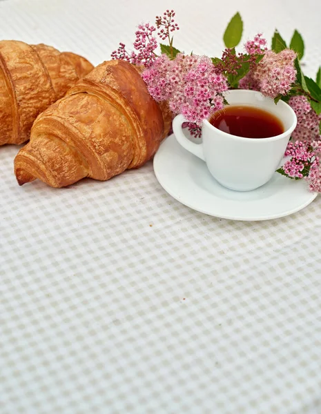 Two Cup Black Tea Flowers Fresh Croissants Table White Background —  Fotos de Stock