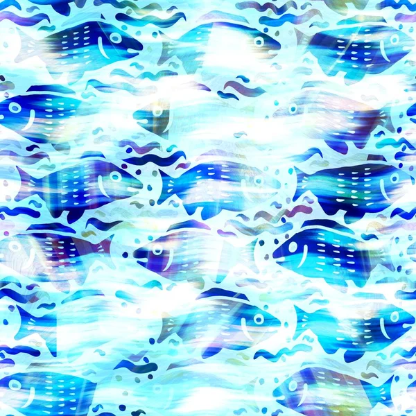 Batik fish tie dye wash background. Mottled underwater swimming fishes for beach swimwear. Fun summer trendy beach fashion print. Digital fluid watercolor effect. High resolution seamless pattern. — Stock Photo, Image