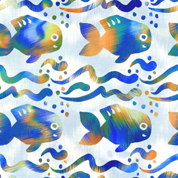 Batik fish tie dye wash background. Mottled underwater swimming fishes for beach swimwear. Fun summer trendy beach fashion print. Digital fluid watercolor effect. High resolution seamless pattern. — Stock Photo, Image